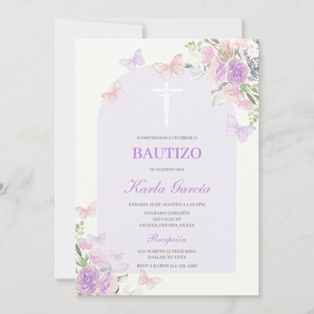 Purple Floral Baptism Spanish Invitation (Front)