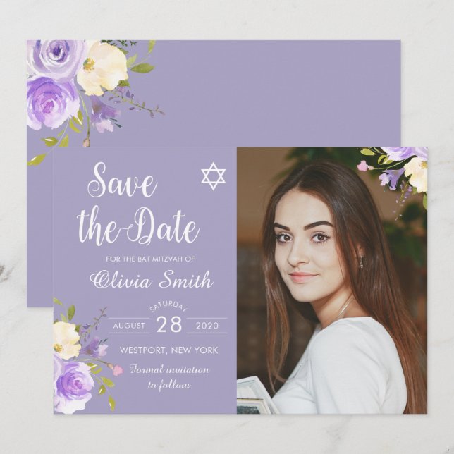 Purple Floral Bat Mitzvah Photo Save The Date (Front/Back)