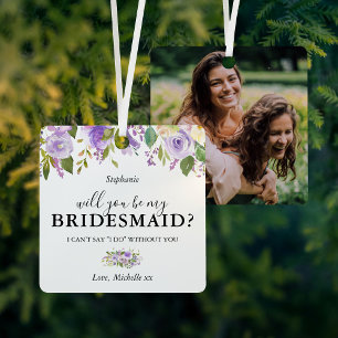 Purple Floral Be My Bridesmaid Photo Metal Ornament