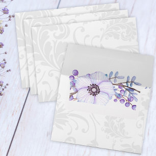 Purple Floral Berries and Grey Damask Wedding Envelope