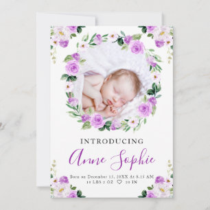 Purple Floral Birth Announcement Thank You Card