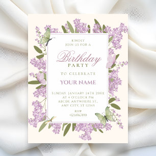Purple floral birthday party invitation
