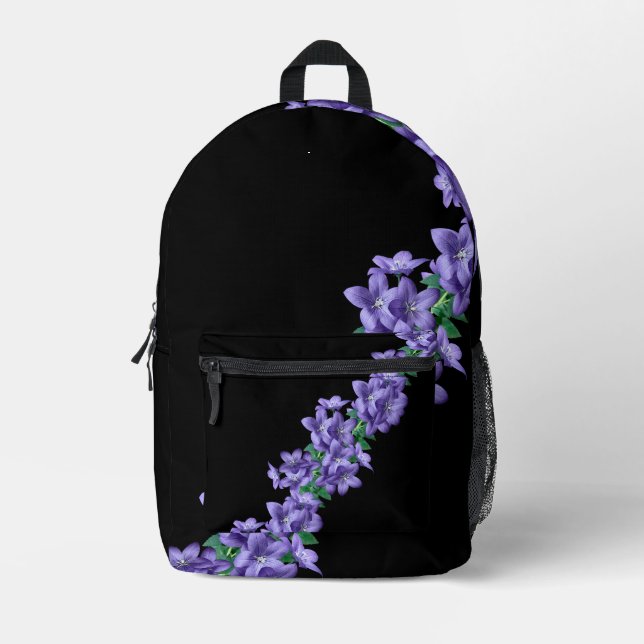 Purple Floral Black Backpack  (Front)