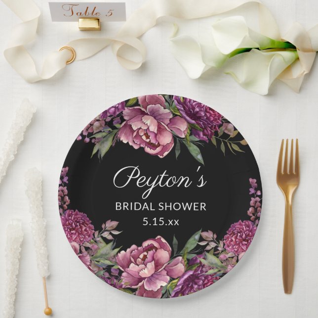 Purple Floral Black Bridal Shower Name Date  Paper Plate (Wedding)