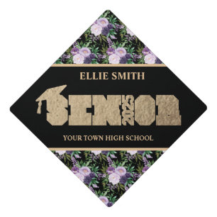 Purple Floral Black Gold Class 2025 Graduation Cap Topper