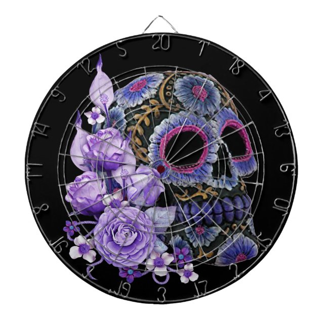 Purple Floral Black Sugar Skull Day Of The Dead Dartboard (Front)