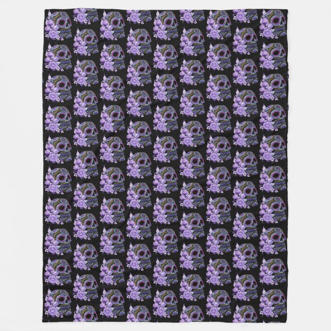 Purple Floral Black Sugar Skull Day Of The Dead Fleece Blanket (Front)