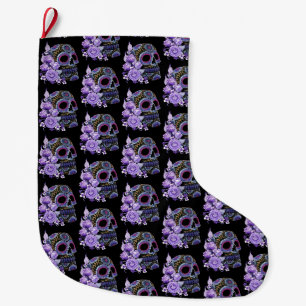 Purple Floral Black Sugar Skull Day Of The Dead Large Christmas Stocking