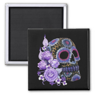 Purple Floral Black Sugar Skull Day Of The Dead Magnet