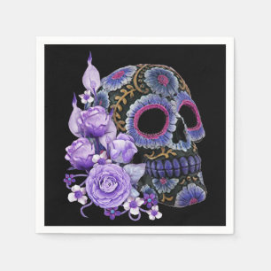 Purple Floral Black Sugar Skull Day Of The Dead Napkin