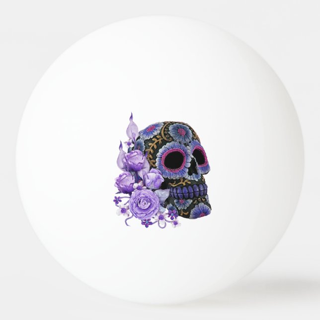 Purple Floral Black Sugar Skull Day Of The Dead Ping Pong Ball (Front)