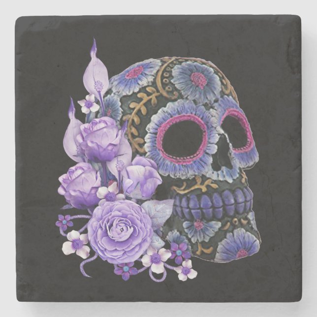 Purple Floral Black Sugar Skull Day Of The Dead Stone Coaster (Front)