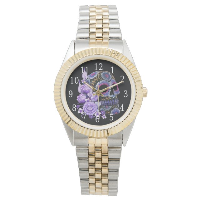 Purple Floral Black Sugar Skull Day Of The Dead Watch (Front)
