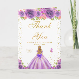 Purple Floral Blonde Hair Girl Birthday Thank You Card
