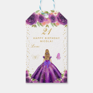 Purple Floral Blonde Hair Girl Happy Birthday Gift Tags
