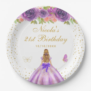 Purple Floral Blonde Hair Princess Birthday Party Paper Plate