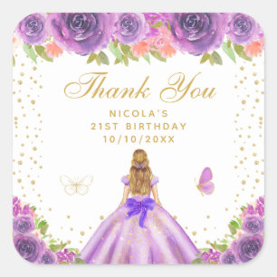 Purple Floral Blonde Hair Princess Birthday Party Square Sticker