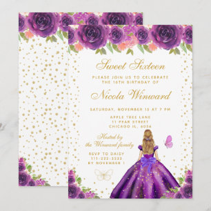 Purple Floral Blonde Hair Princess Sweet Sixteen Invitation