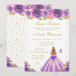 Purple Floral Blonde Hair Princess Sweet Sixteen Invitation