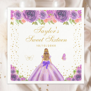 Purple Floral Blonde Hair Princess Sweet Sixteen Napkin
