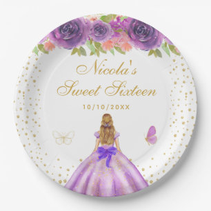 Purple Floral Blonde Hair Princess Sweet Sixteen Paper Plate