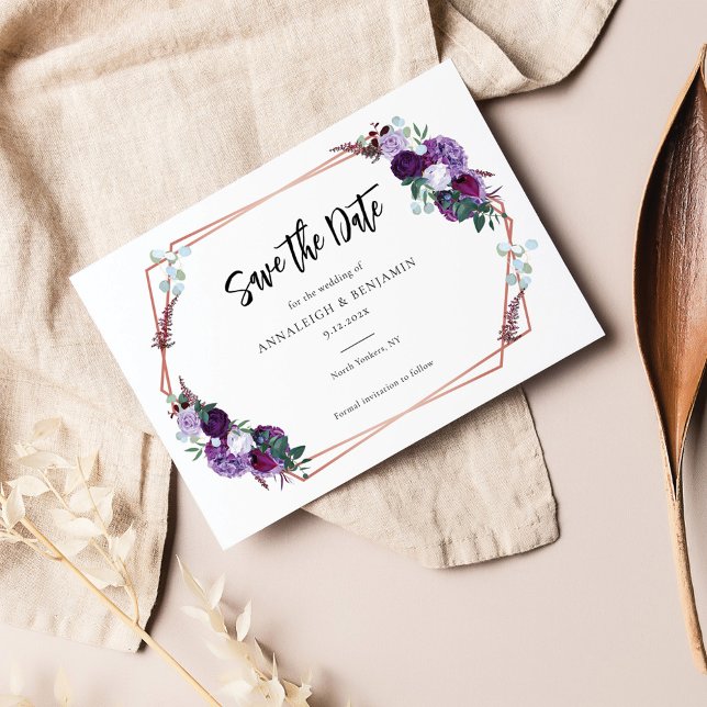 Purple Floral Bloom Elegant Script Wedding Save The Date (Floral Purple Script Save the Date Announcement)