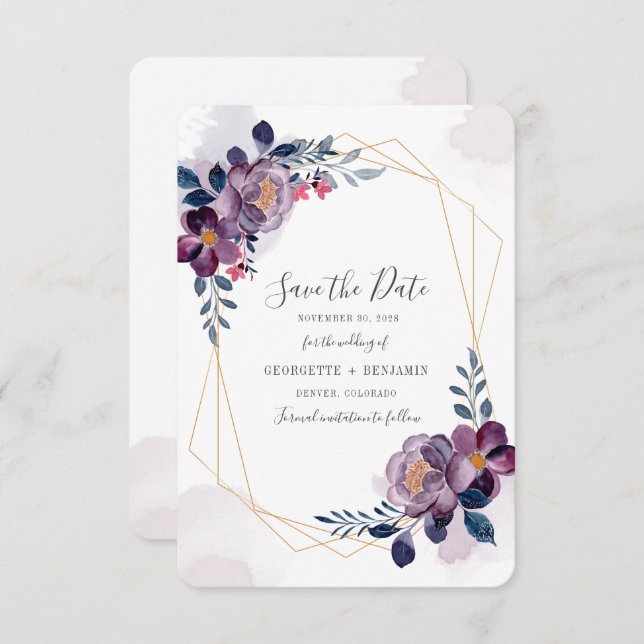 Purple Floral Bloom Script Geometric Save the Date (Front/Back)