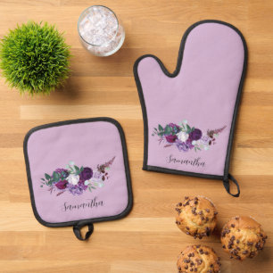 Purple Floral Bloom Script Modern Oven Mitt & Pot Holder Set