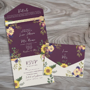Purple Floral Boho Chic Wedding All In One Invitation