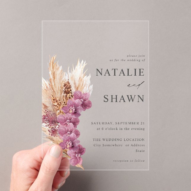 Purple Floral Boho Wedding Acrylic Invitations (Insitu (Handheld))