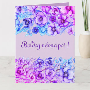 Purple floral borders - Hungarian name day Card