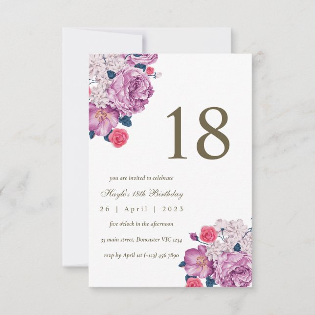 Purple Floral Botanical Simple Chic 18th Birthday Invitation (Front)