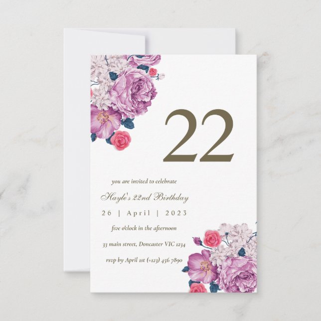 Purple Floral Botanical Simple Chic 22nd Birthday Invitation (Front)