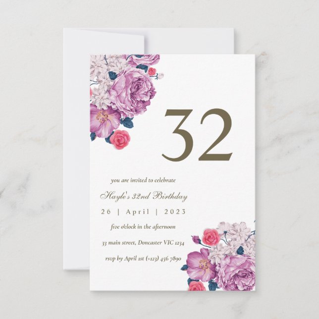 Purple Floral Botanical Simple Chic 32nd Birthday Invitation (Front)