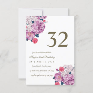Purple Floral Botanical Simple Chic 32nd Birthday Invitation