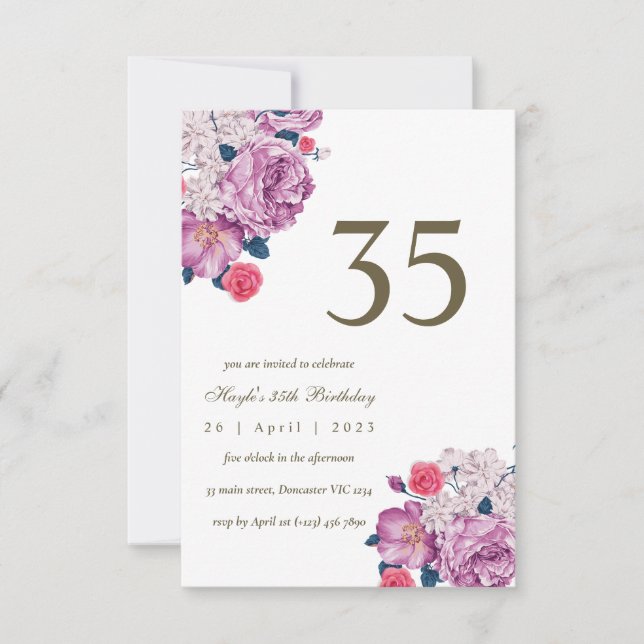 Purple Floral Botanical Simple Chic 35th Birthday Invitation (Front)