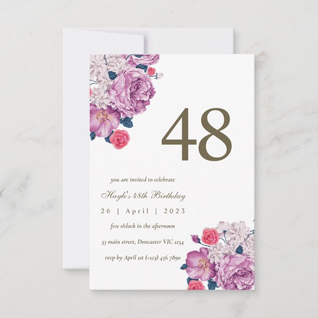 Purple Floral Botanical Simple Chic 48th Birthday Invitation (Front)