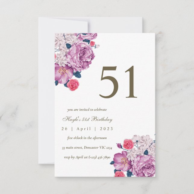 Purple Floral Botanical Simple Chic 51st Birthday Invitation (Front)