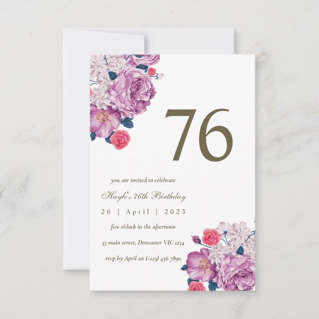 Purple Floral Botanical Simple Chic 76th Birthday Invitation (Front)