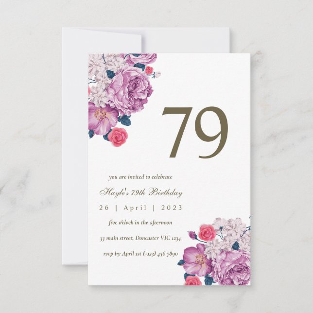 Purple Floral Botanical Simple Chic 79th Birthday Invitation (Front)