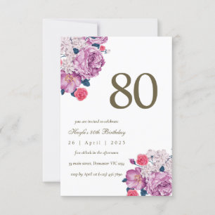 Purple Floral Botanical Simple Chic 80th Birthday Invitation