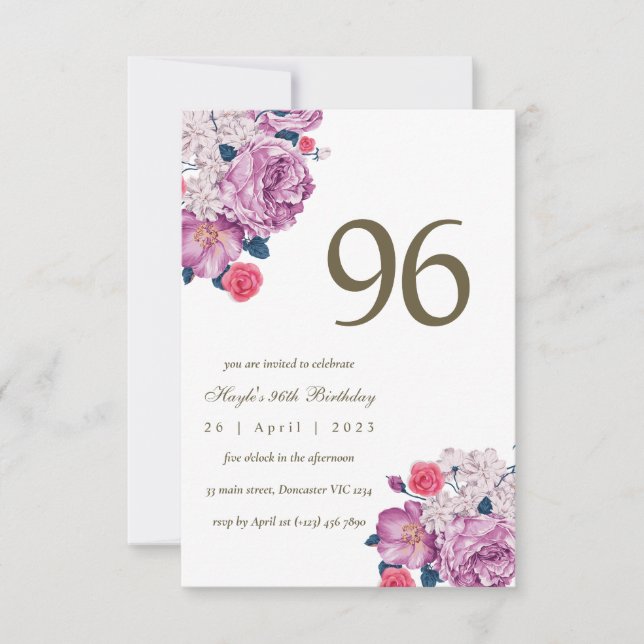 Purple Floral Botanical Simple Chic 96th Birthday Invitation (Front)