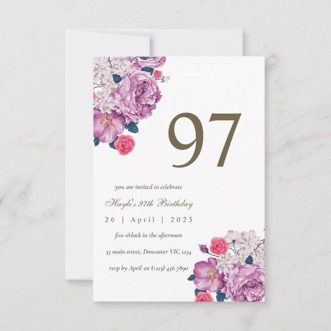 Purple Floral Botanical Simple Chic 97th Birthday Invitation (Front)