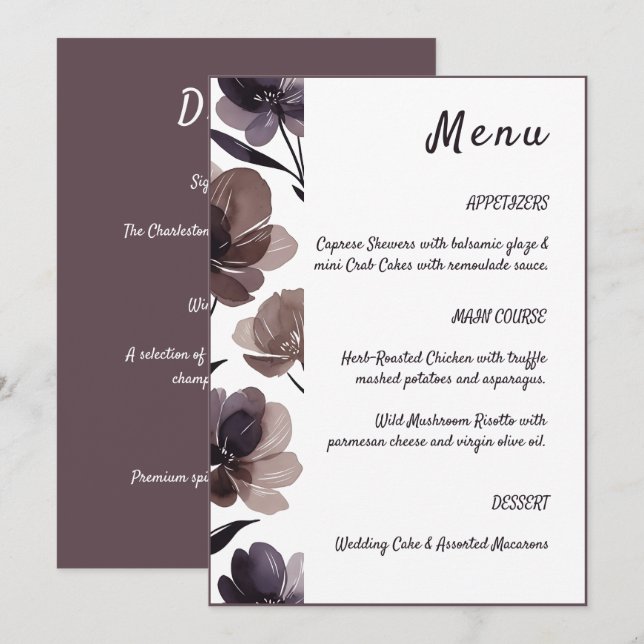 Purple Floral Botanical Wedding Menu (Front/Back)