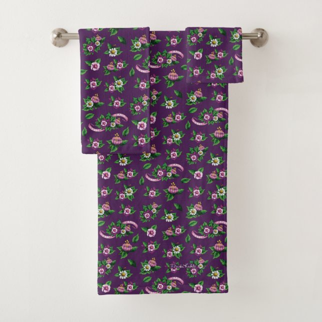 Purple Floral Bouquet Pattern Bath Towel Set (Insitu)