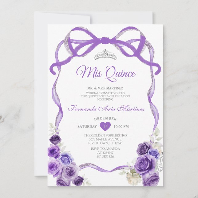 Purple Floral Bow Ribbon Silver Crown Mis Quince Invitation (Front)