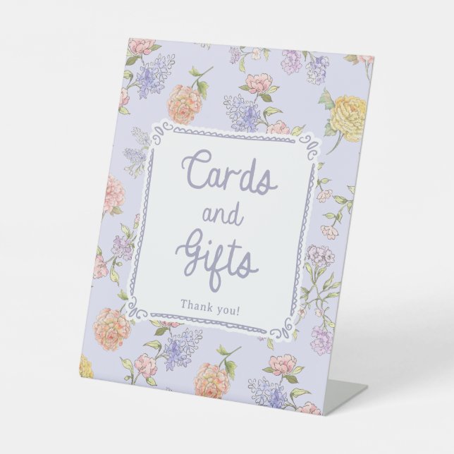 Purple Floral Bridal Shower Cards and Gifts Pedestal Sign (Front)