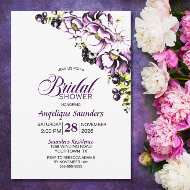 Purple Floral Bridal Shower Invitation (Creator Uploaded)