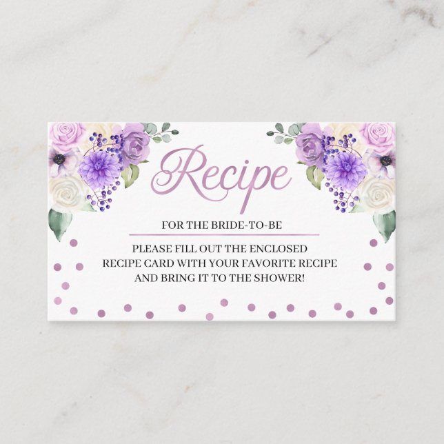 Purple Floral Bridal Shower Recipe Enclosure Card (Front)