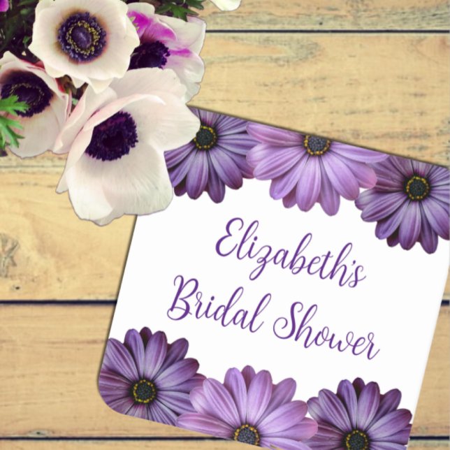 Purple Floral Bridal Shower Square Paper Coaster (Creator Uploaded)